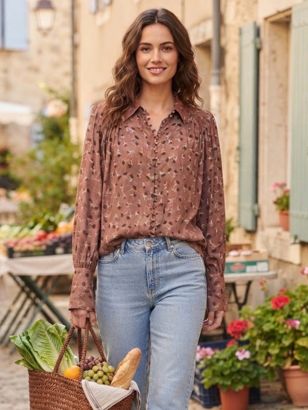 Free People Brown Floral Button Front Bell Sleeve High Low Blouse